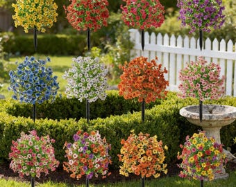 Realistic Fake Flower Bushes on Stakes for Yard and Patio Decor   Easy Garden and Lawn Styling Office, Home, UV-Resistant & Weatherproof