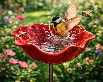 Baño para pájaros artesanal de metal con forma de flor, estaca de jardín con cuenco de agua, adorno para patio y césped, decoración rústica para jardín exterior.