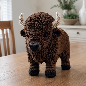 May include: A brown crocheted bison plush toy featuring a textured, shaggy coat, two cream-colored curved horns, small rounded ears, black button eyes, a dark gray snout, and four sturdy legs ending in solid black hooves standing on a surface.
