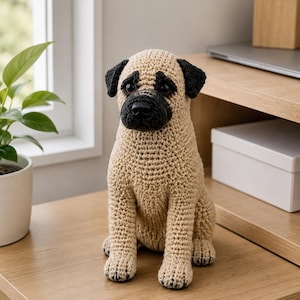 May include: A crochet stuffed animal shaped like a pug dog. The toy features a light tan body with a dark black muzzle, black ears, and dark brown eyes. The yarn texture is visible throughout the entire figure, which is sitting in an upright position.