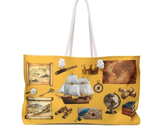 Vintage Nautical Map Collage Weekender Bag | Ship, Globe, Compass Travel Tote
