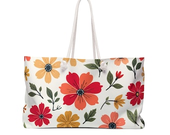 Bolsa de fim de semana floral retrô | Bolsa de viagem com estampa floral vermelha, laranja e amarela | Bolsa de viagem vintage para fins de semana | Bolsa de praia grande | Bolsa de viagem floral vibrante para pernoite