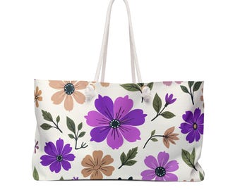 Fioletowo-pomarańczowo-różowa torba weekendowa z kwiatowym wzorem | Duża torba podróżna z wiosennymi kwiatami