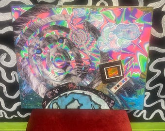 Collage psicodélico reactivo a los rayos UV – Lienzo de técnica mixta neón – Arte visionario