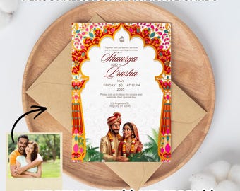 Invitación de boda india personalizada estilo Pixar para parejas / Tarjeta de "Reserva la fecha" con vibrantes motivos florales mogoles (descarga digital)