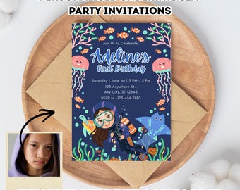 Invitación de cumpleaños personalizada con temática submarina / Invitación infantil con foto de buceador (impresa o descarga digital)