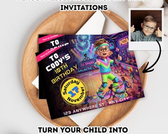 Invitación/Foto personalizada de cumpleaños con temática de discoteca sobre ruedas de los 80, descarga digital (opción impresa).