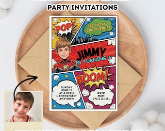 Invitación de cumpleaños personalizada con temática de superhéroes / Invitación fotográfica personalizada (impresa o descarga digital)