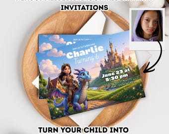 Invitación personalizada para fiesta de cumpleaños de Jinete de Dragón / Personalizada con foto del niño/a / Descarga digital y opción de impresión