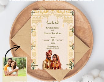 Tarjetas personalizadas para anunciar la fecha de una boda india / Pareja al estilo Pixar, diseño mogol (descarga digital)