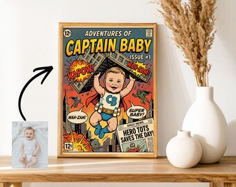 Retrato personalizado de portada de cómic vintage / Ilustración personalizada de bebé superhéroe (descarga digital)