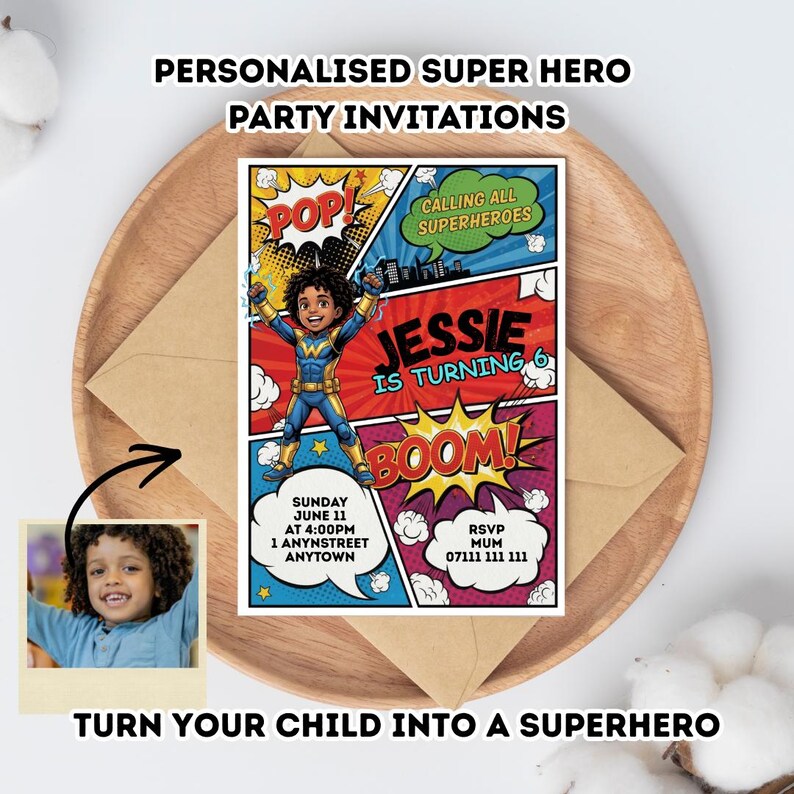 Custom Superhero Comic Birthday Invitation | Personalised Photo Invite ...