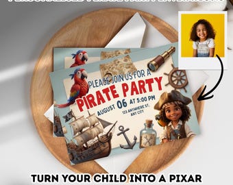 Invitación de cumpleaños pirata personalizada / Ilustración estilo Pixar a partir de una foto (impresa o descarga digital)