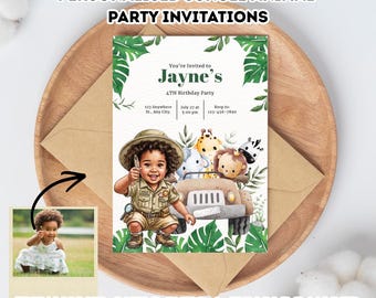 Invitación de cumpleaños personalizada con temática de safari en la jungla / Invitación fotográfica infantil con acuarela (impresa o descarga digital)