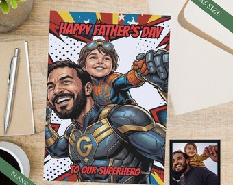 Tarjeta personalizada de superhéroes para el Día del Padre / Ilustración de papá e hijo estilo Pop Art (A5/A6)