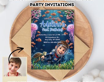Invitación personalizada estilo Pixar para buceadores: Cumpleaños bajo el mar (Impresa o descarga digital)