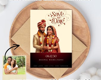 Tarjetas personalizadas para anunciar la fecha de una boda india / Ilustración de pareja al estilo Pixar (Descarga digital)