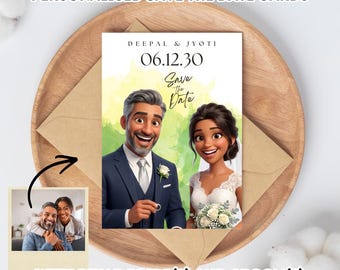 Tarjetas de invitación personalizadas al estilo Pixar / Ilustración de pareja en un jardín con acuarelas (Descarga digital)