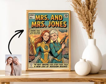 Retrato personalizado de pareja con temática de superhéroes para portada de cómic / Regalo vintage de aniversario (Descarga digital)