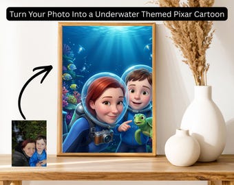 Dibujos animados de Pixar con temática submarina: ¡Convierte tu foto en una obra maestra! – Archivo JPG digital (Entrega en 24 horas)