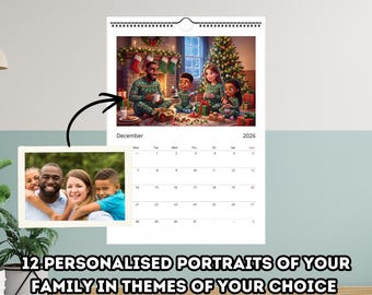 Calendario familiar personalizado 2026/2027 / Retrato familiar estilo caricatura personalizado / 12 escenas ilustradas