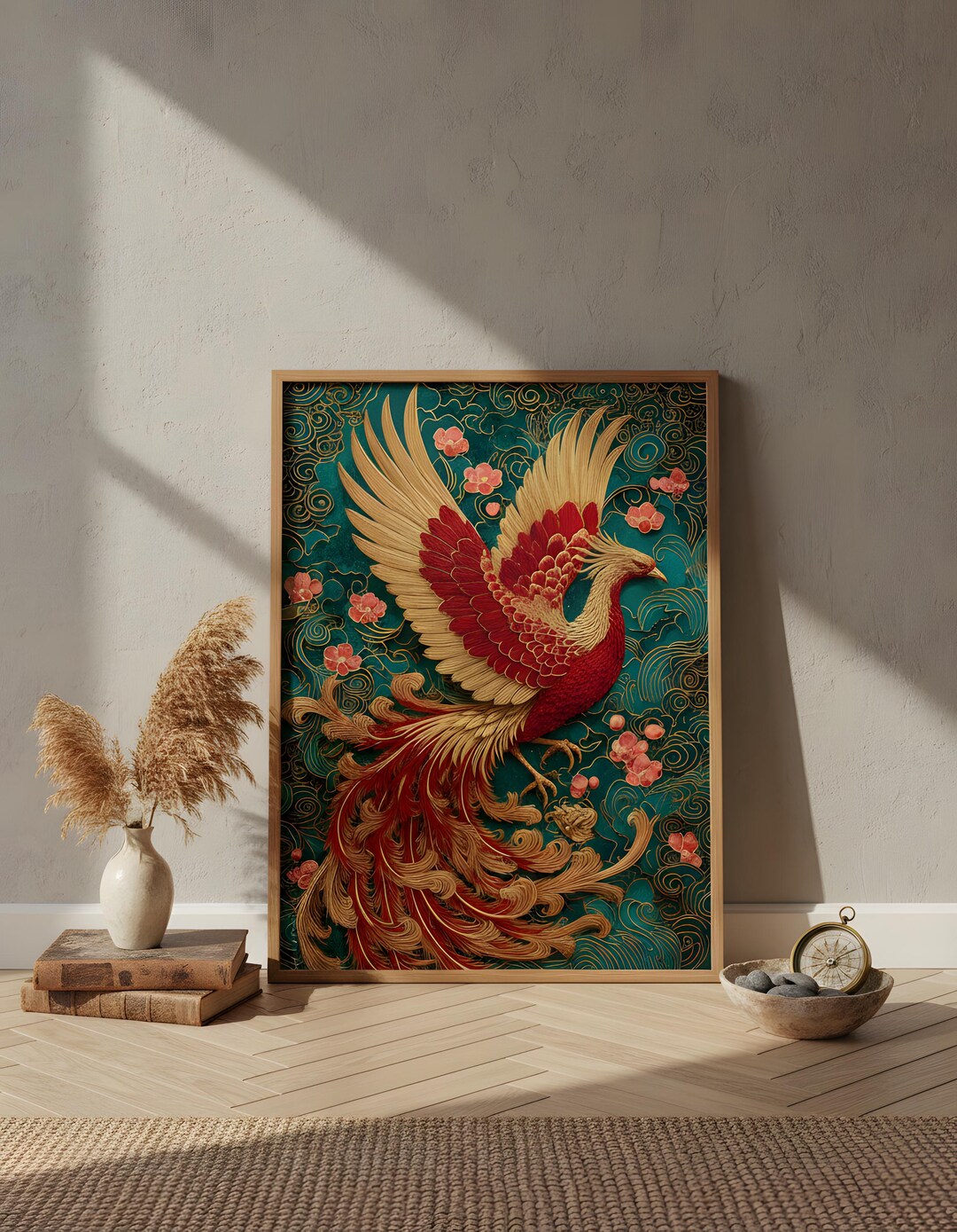 Japanese Phoenix Print | Gold Crimson Mythical Bird Wall Art (digital ...