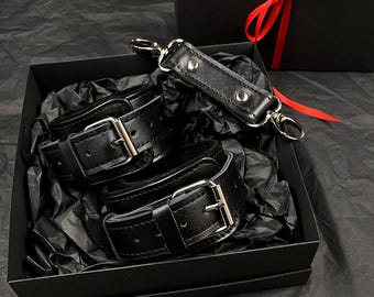 Handmade leather hand & ankle cuffs for couples. BDSM handcuffs. Role-playing erotic and sexual games. Black leather handcuffs