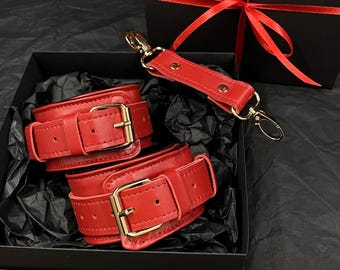Handmade leather hand & ankle cuffs for couples. BDSM handcuffs. Role-playing erotic and sexual games. Red leather handcuffs