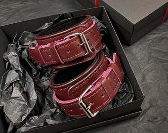 Handmade leather hand & ankle cuffs for couples. BDSM handcuffs. Role-playing erotic and sexual games. Burgundy leather handcuffs