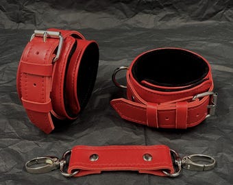 Handmade leather hand & ankle cuffs for couples. BDSM handcuffs. Role-playing erotic and sexual games. Red leather handcuffs
