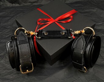 Handmade leather hand & ankle cuffs for couples. BDSM handcuffs. Role-playing erotic and sexual games. Black leather handcuffs