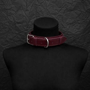 May include: A deep burgundy leather choker collar featuring a silver-toned metal buckle, a matching silver-toned D-ring, and multiple adjustment holes. The collar is constructed with visible stitching along the edges and a pointed strap end.