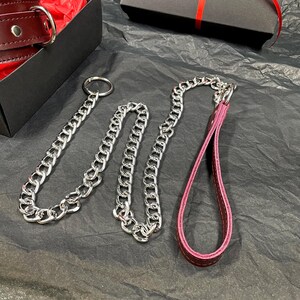 May include: A silver-toned metal chain leash featuring a circular ring at one end and a deep burgundy leather loop handle at the other. The chain consists of interlocking links, and the leather handle is secured with a silver-toned metal rivet.