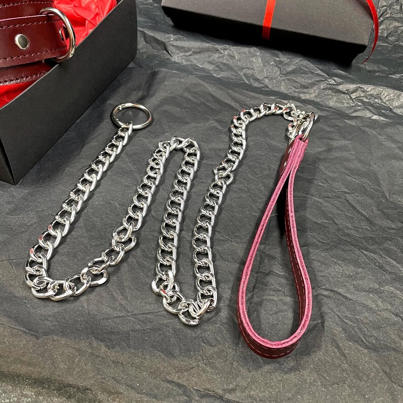 May include: A silver-toned metal chain leash featuring a circular ring at one end and a deep burgundy leather loop handle at the other. The chain consists of interlocking links, and the leather handle is secured with a silver-toned metal rivet.