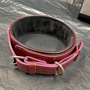 May include: A deep burgundy leather collar featuring a black felt lining, a silver-toned metal buckle, a matching metal D-ring, and a series of adjustment holes along the strap. The edges of the leather are finished in a vibrant magenta tone.