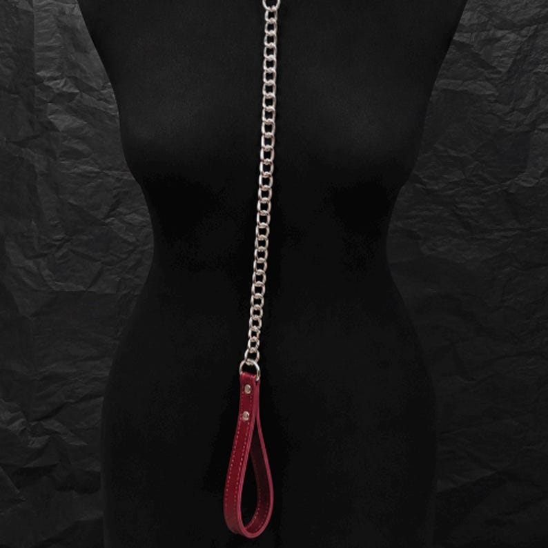 May include: A silver-toned metal chain leash featuring a deep red leather handle. The handle is secured with two silver-toned metal rivets and is attached to the chain via a circular metal ring. The chain extends vertically from the handle.
