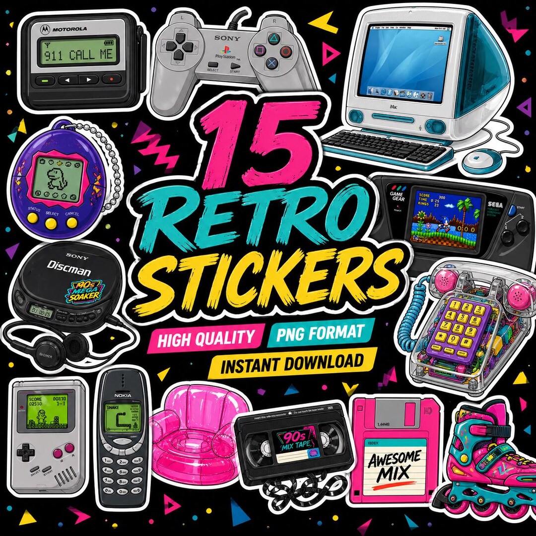 Retro 90s PNG Stickers Bundle, Nostalgic Tech Clipart, Instant Download ...