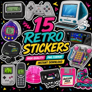 May include: A collection of 15 retro stickers featuring 90s icons like a pager, a Sony Playstation controller, a Tamagotchi, a Discman, a Game Boy, a Nokia phone, a pink chair, a VHS tape, a floppy disk, a roller skate, and a retro computer. The stickers are in PNG format.