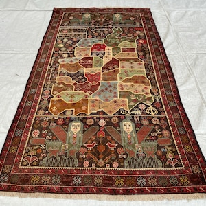 Rare Afghanistan Map Rug 4x8 Ft, Vintage Hand Knotted Wool Carpet, Provinces Pictorial Design, Collector Rug for Office Living Room Rug