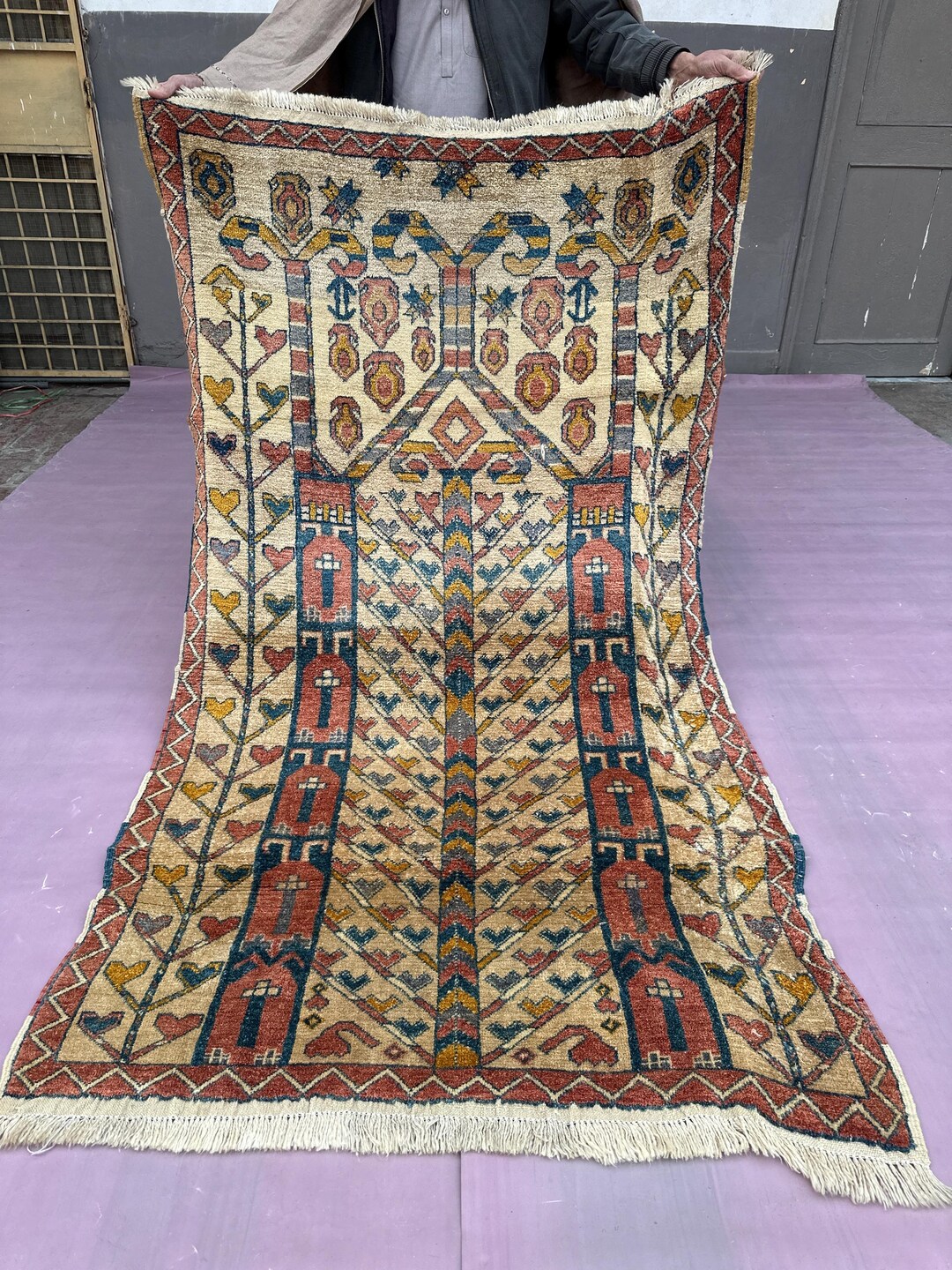 Vintage Prayer Rug Wool Pile Rug Afghan Handmade Carpet – Geometric ...