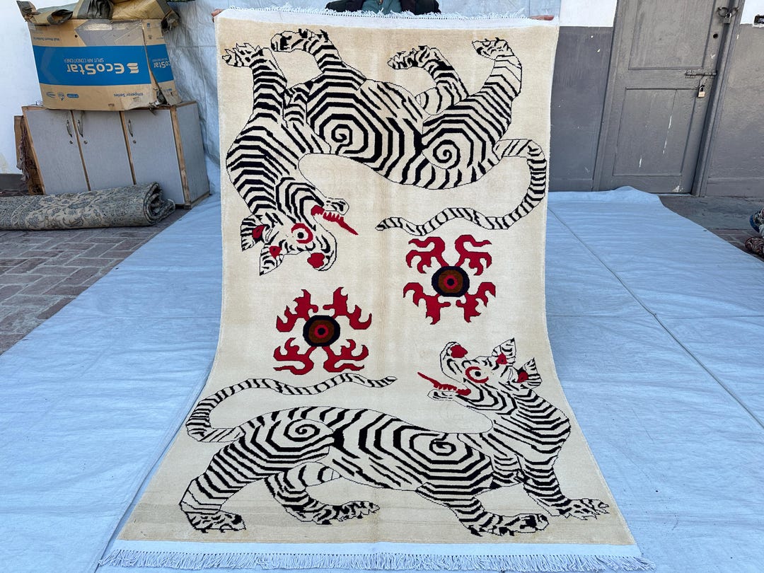 7x3 Feet Pictorial Hand-knotted Tiger Rug – Afghan Tribal Wool, Organic ...