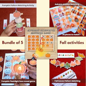 Op de afbeelding: Een bundel van vijf educatieve herfstactiviteiten, waaronder een pompoenpatroon-matchingspel, herfstschaduw-matching met 36 stukjes, een alfabet-silhouet-matchingspel, een pompoen-zaklamp-gezichten-onthulspel en een herfstbladeren-patroon-matchingspel.