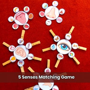 May include: A 5 Senses Matching Game featuring five circular centers depicting a mouth, nose, ear, eye, and hand. Each center is surrounded by smaller circular cards attached with wooden clothespins, illustrating various objects related to each sense.
