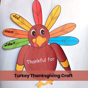 May include: A paper turkey craft featuring a brown circular body with the text Thankful for, a brown head with a yellow beak and red wattle, and colorful tail feathers labeled with the words dad, mom, and sister in black ink.