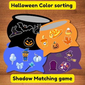 May include: A Halloween color sorting and shadow matching game featuring four cauldron-shaped cards in black, orange, blue, and purple. Each card displays themed stickers like pumpkins, bats, cats, witches, ghosts, and candy corn for educational play.