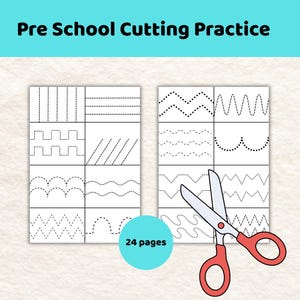 May include: A 24-page preschool cutting practice set featuring white worksheets with black dotted lines in various patterns including straight, zigzag, wavy, and curved shapes, accompanied by a pair of scissors with red handles and silver blades.
