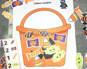 Könnte beinhalten: Ein pädagogisches Arbeitsblatt zum Thema Halloween mit einer großen Illustration eines orangefarbenen Kürbiseimers und dem Text Collect candies. Verschiedene Bonbon-Aufkleber sind auf dem Eimer platziert und eine Spalte listet Zahlen mit Symbolen.