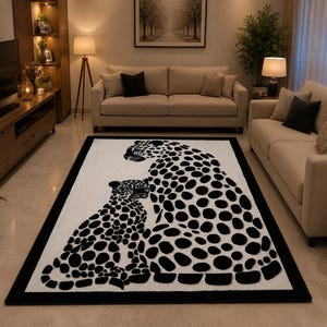 May include: A rectangular area rug featuring a white background with a black border and a large graphic print of two leopards. The leopards are depicted in a stylised black spotted pattern, with one larger leopard sitting behind a smaller one.