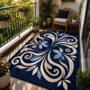 May include: A rectangular area rug featuring a deep navy blue background with a large, symmetrical cream and light blue floral scrollwork pattern. The design consists of curved lines, stylised leaves, and circular accents across the surface.