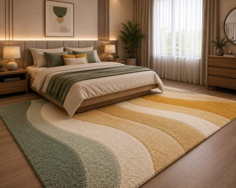 Modern Geometric Bedroom Rug Decor | Luxury Cozy Bedroom Interior ...